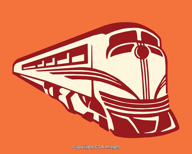 Vintage Style Train Illustration in Bold Red and Orange Color Scheme