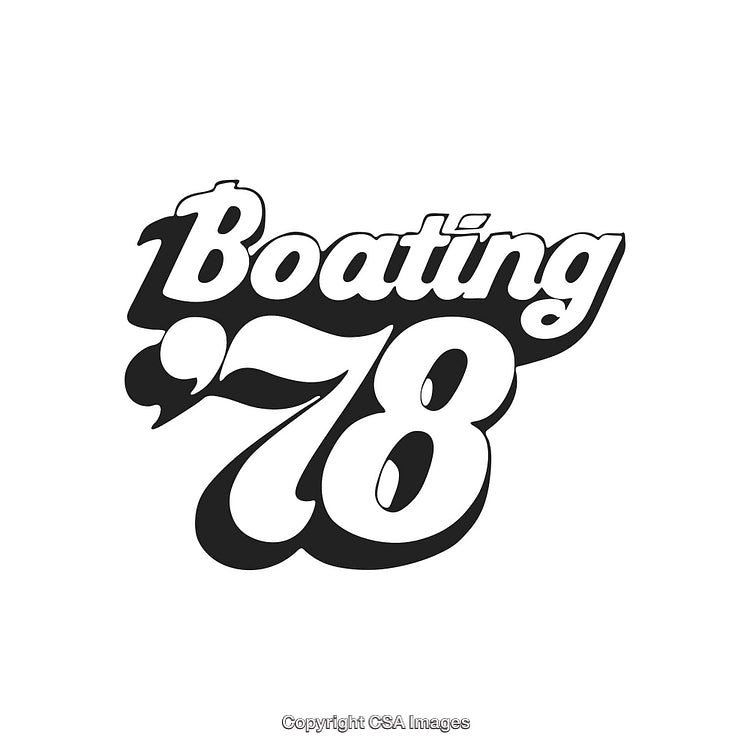 Stylized Boating Themed Artwork Featuring Retro Text and Numbers in Monochrome