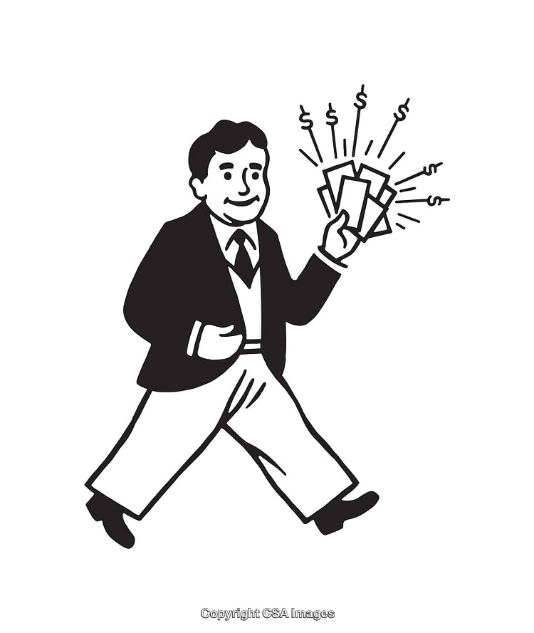 Retro Line Art Illustration of Businessman Holding Money
