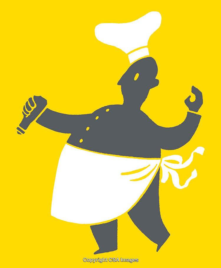 Stylized Chef Illustration with Bright Yellow Background and Cooking Concept