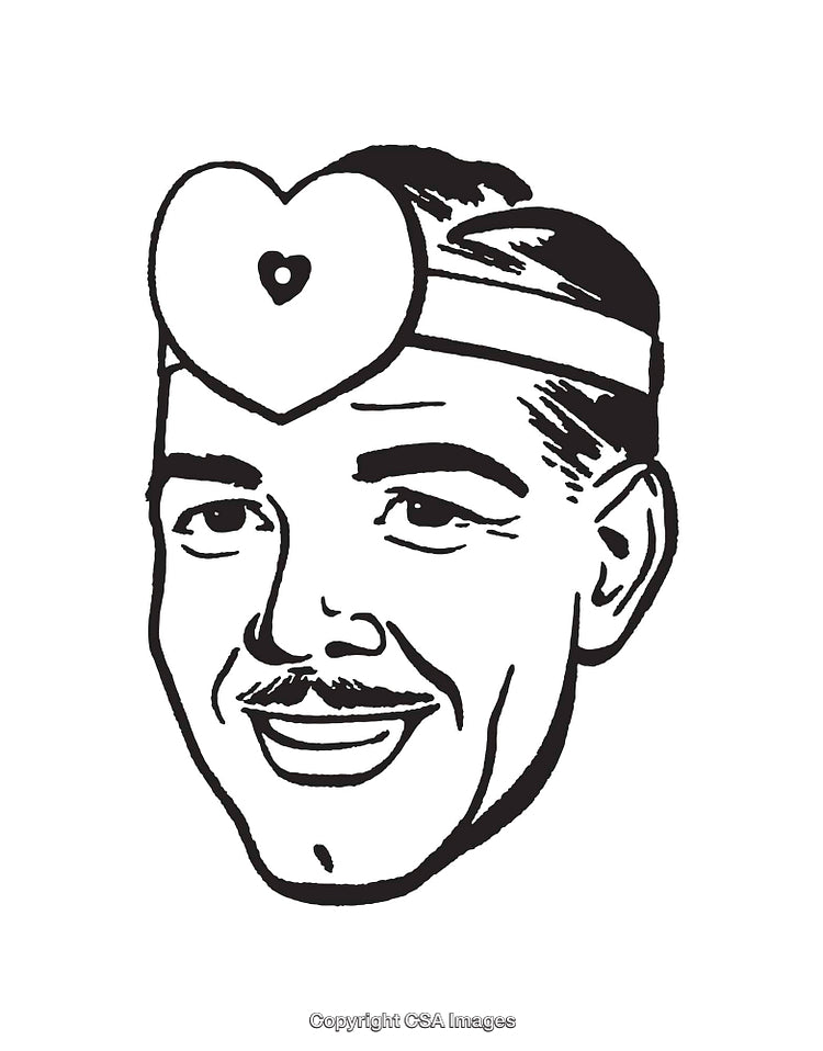 Retro Black and White Illustration of Smiling Man with Heart Symbol