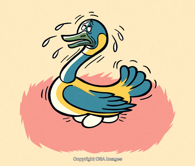 Cartoon Illustration of a Tearful Duck Sitting on a Nest