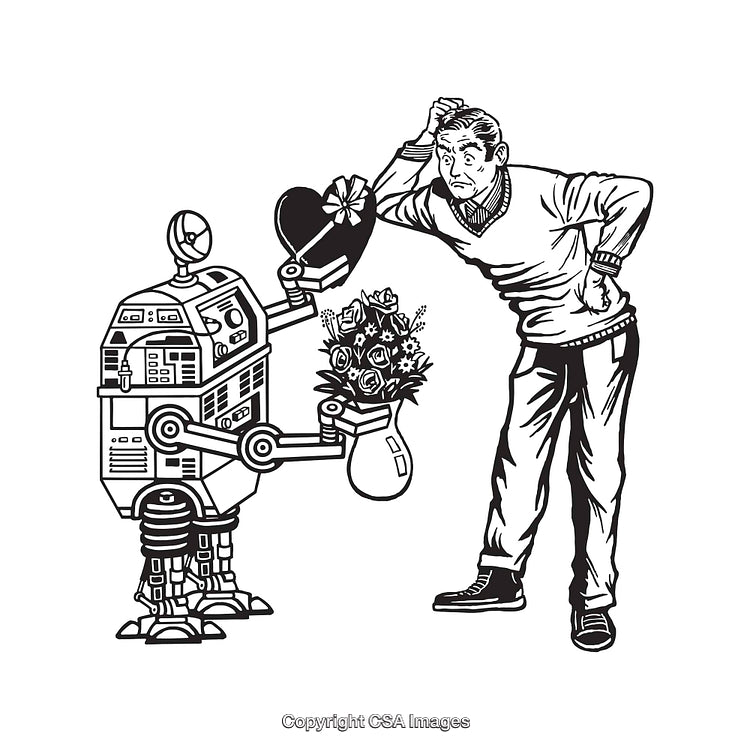 Robot Offering Bouquet and Gift to Man in Black and White Line Art