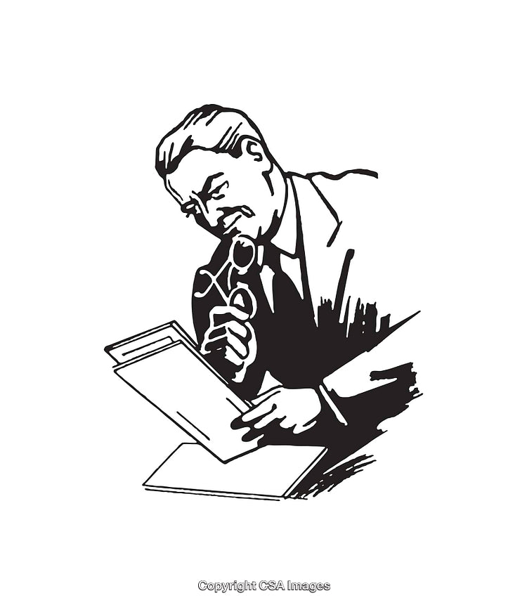 Vintage Black and White Illustration of a Man Studying a Document