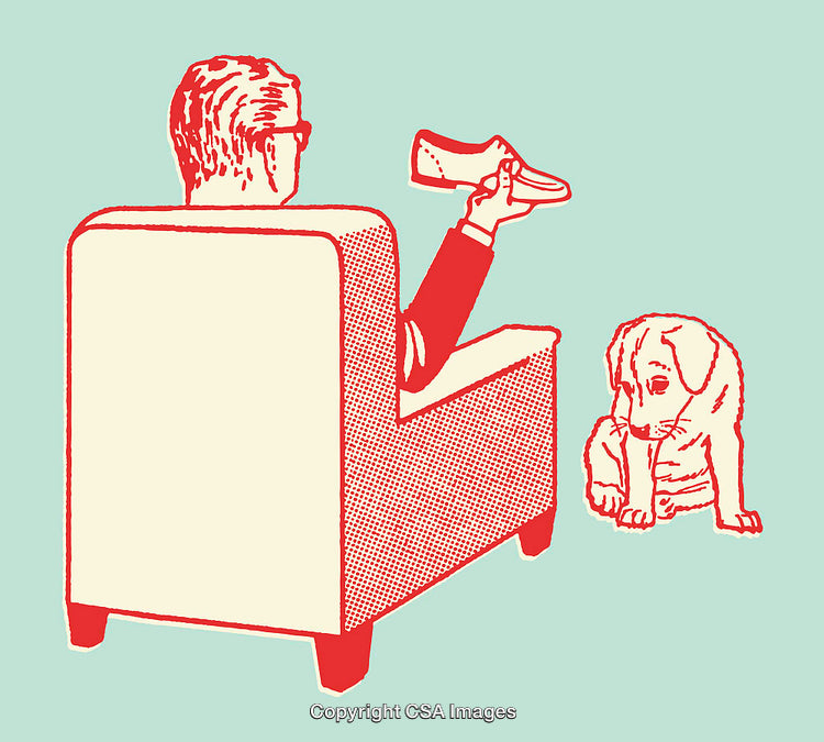 Illustration of a Man with Shoe and a Dog Beside a Chair