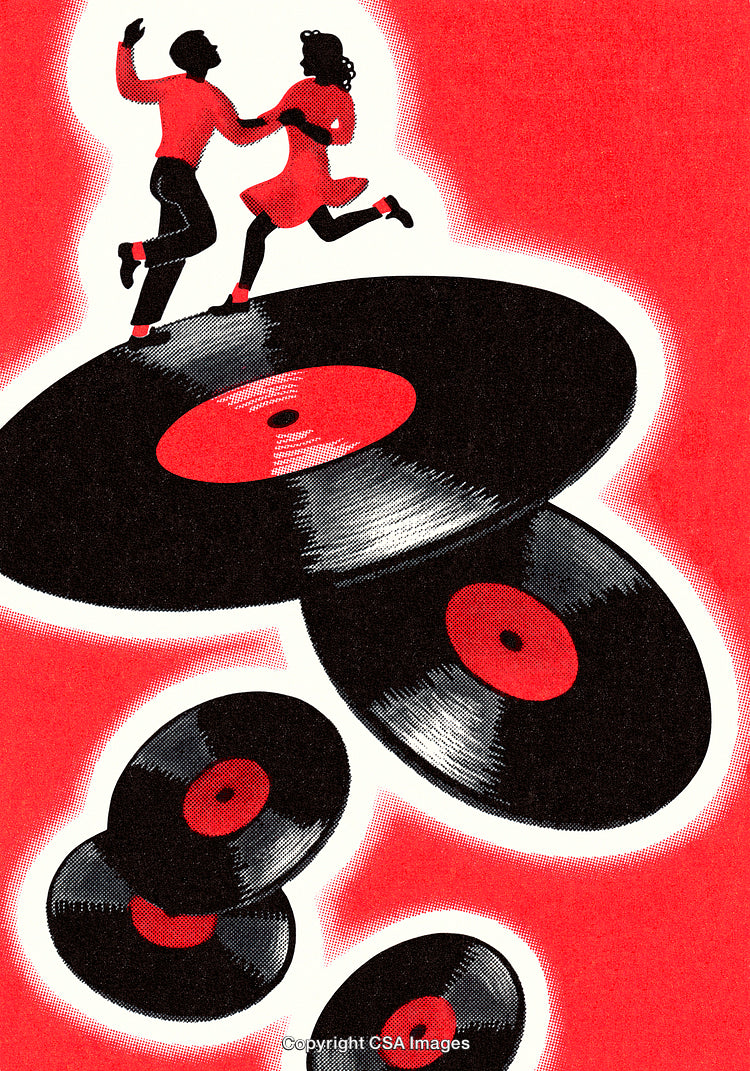Stylized Artwork of Dancing Couple on Vinyl Records With Vibrant Red Background