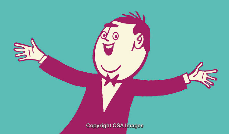 Cheerful Cartoon Character Celebrating Enthusiastically Against Blue Background