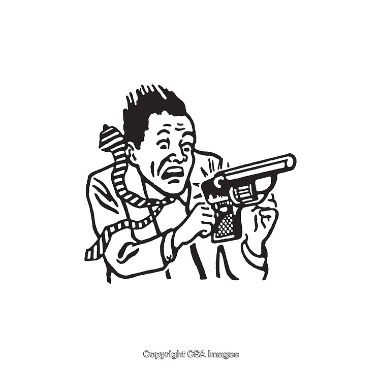 Black and White Illustration of a Man Holding a Gun