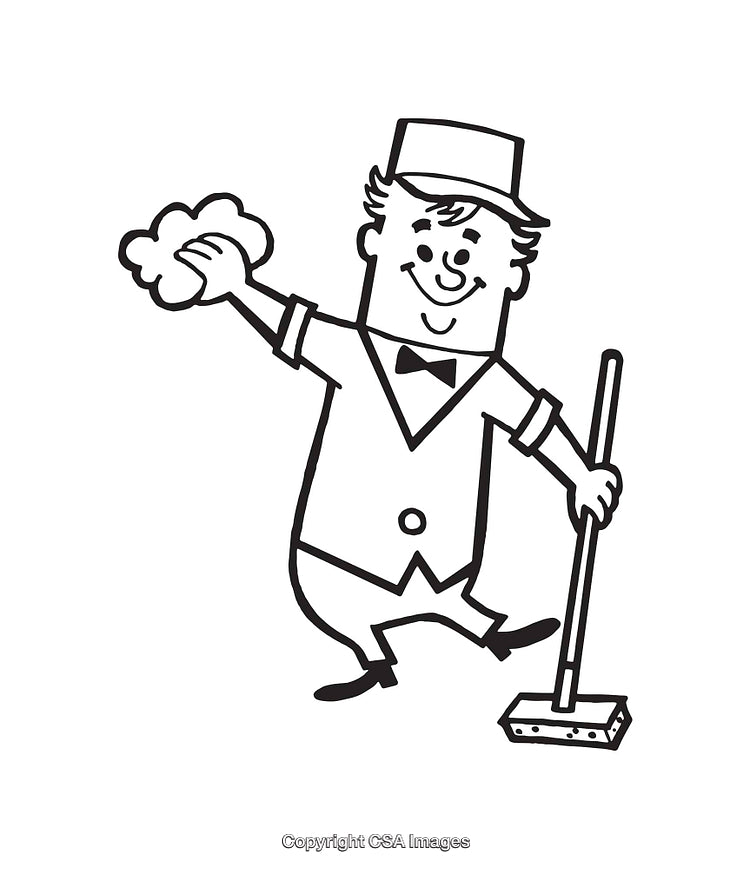 Cartoon Janitor Cleaning with Mop and Cloth in Black and White Art