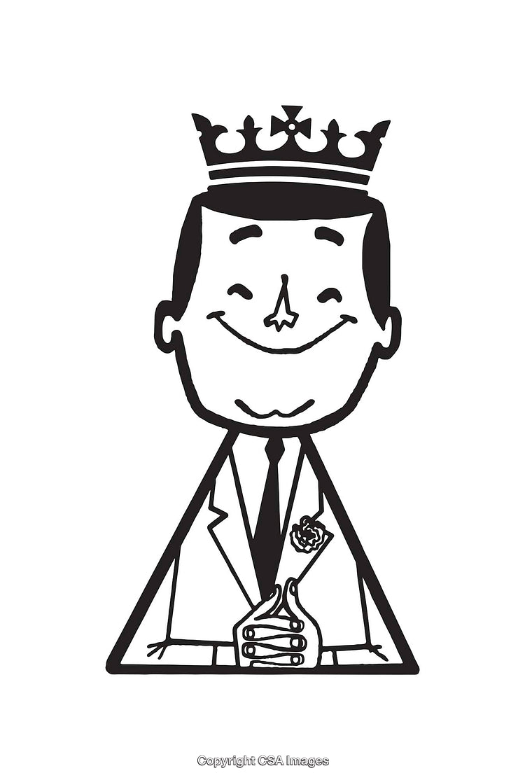 Black and White Line Art of a Crowned Gentleman Cartoon Character
