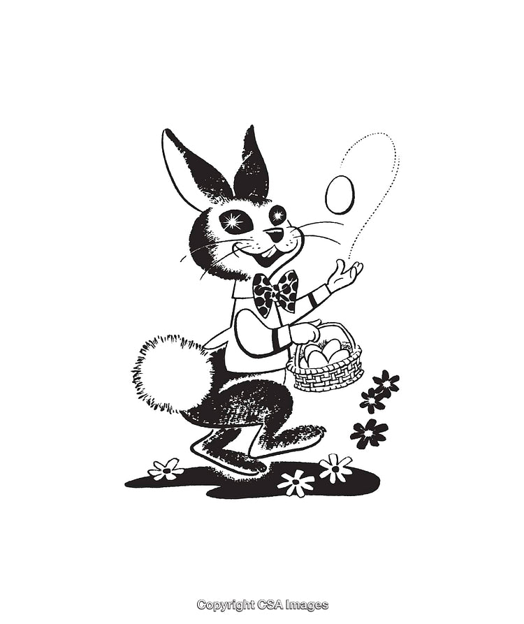 Black and White Illustrative Easter Bunny With Basket of Eggs and Flowers