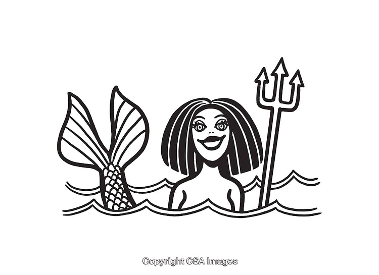 Black and White Line Art Illustration of Mermaid with Trident in Waves