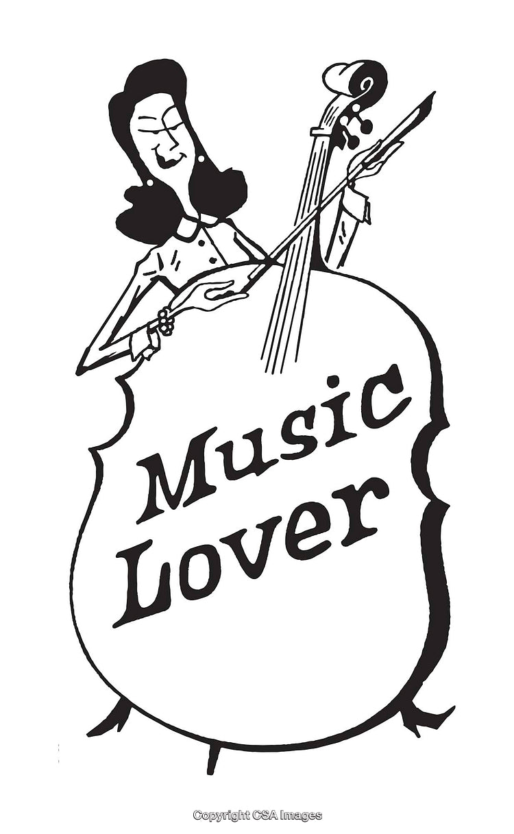 Black And White Drawing of Woman Playing Cello with Enthusiastic Expression