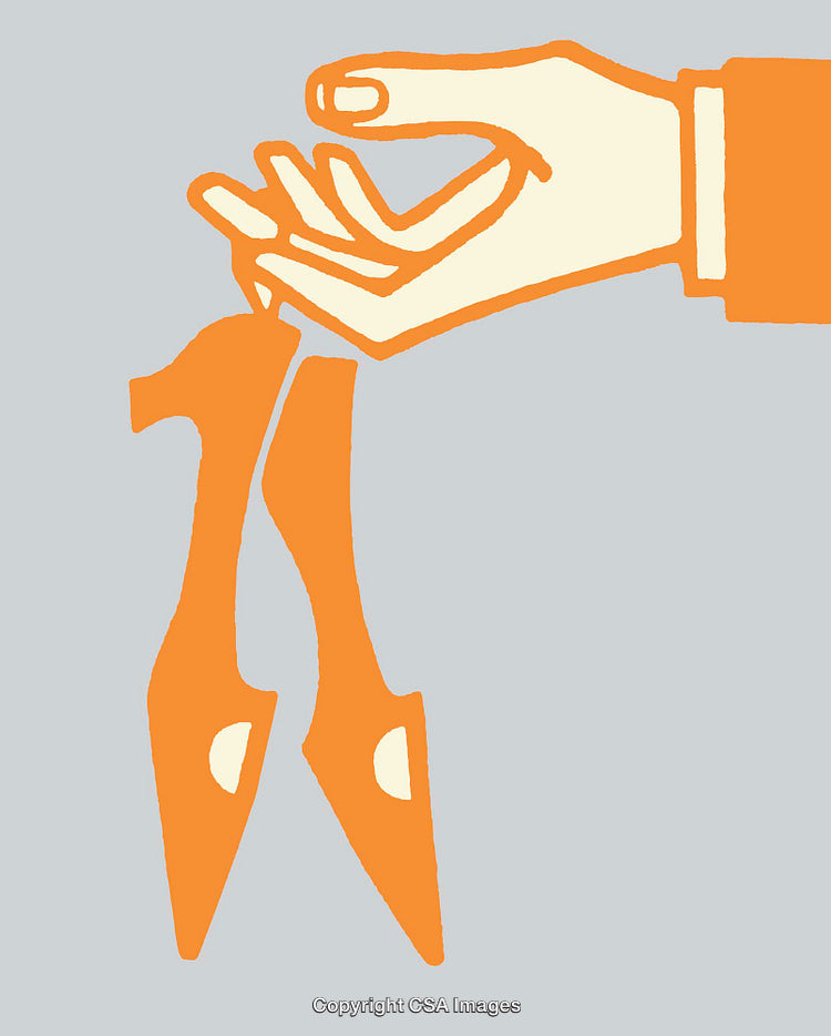 Minimalist Illustration of Orange Shoes Held by a Hand on Gray Background