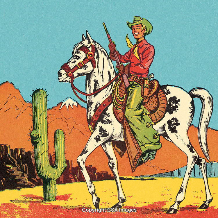 Vintage Cartoon Depicting Cowboy Riding a Horse in Desert Setting