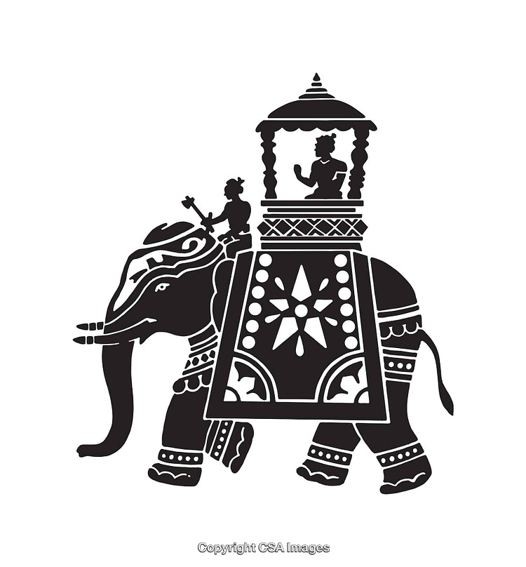 Decorative Black and White Elephant Illustration with Traditional Indian Motifs
