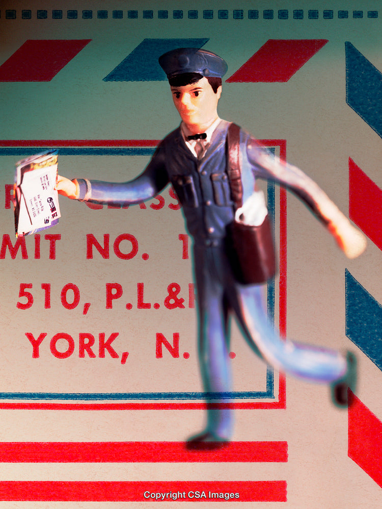 Plastic Toy Mail Carrier Delivering Letters on Colorful Background