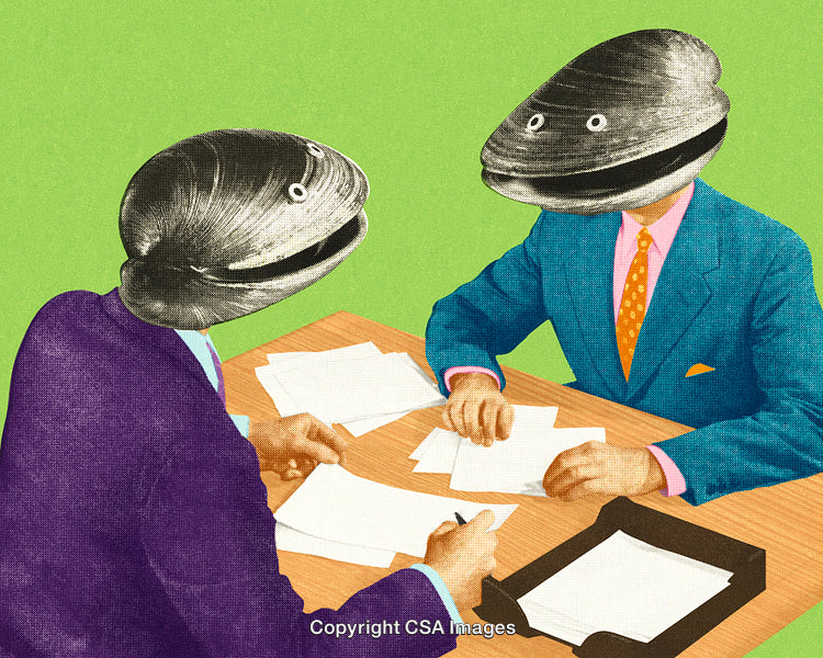 Surreal Business Scene with Individuals Portrayed as Clam People in Retro Style