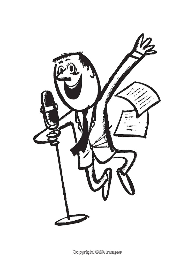 Excited Announcer In Vintage Line Art Style Celebrating With Enthusiasm