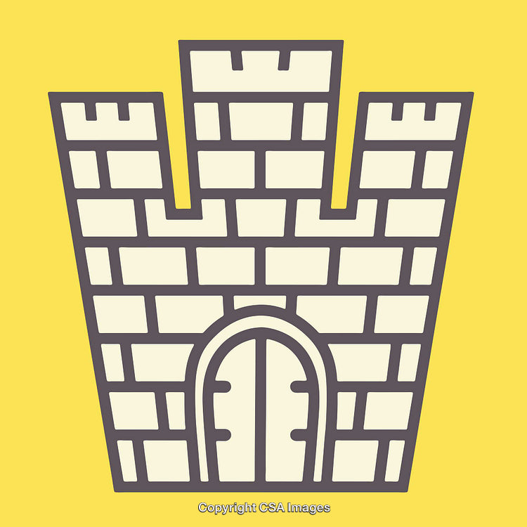Castle Icon on Yellow Background with Bold Line Art Design