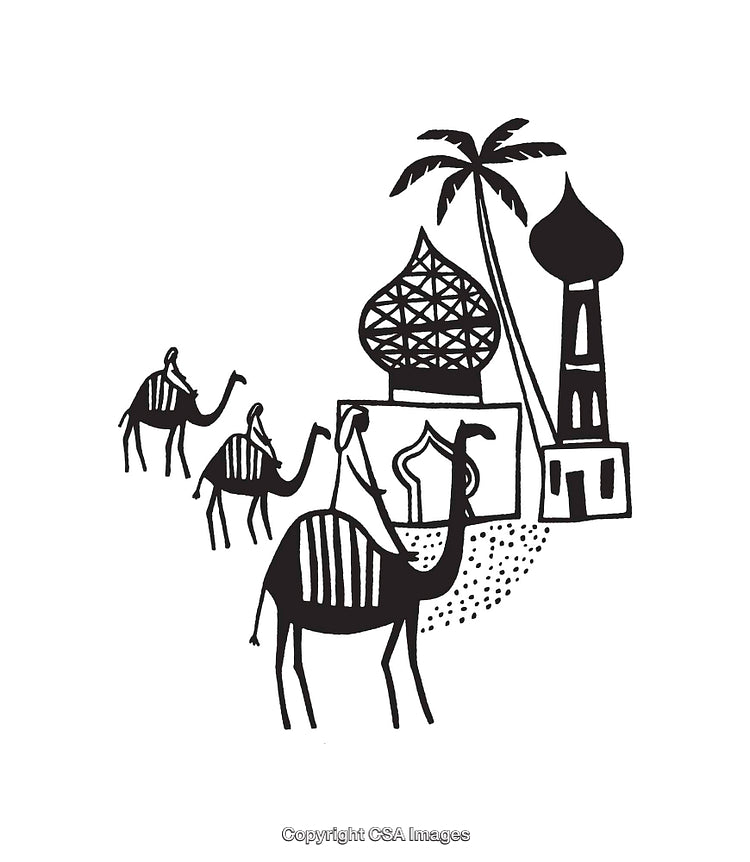 Black and White Illustration of Camels and Middle Eastern Architecture
