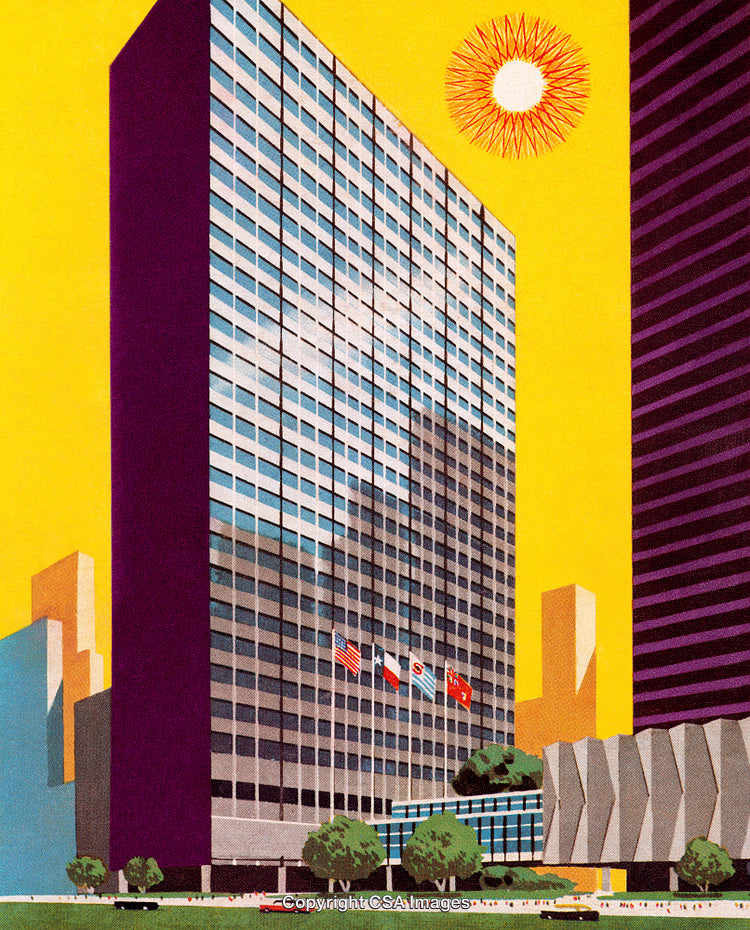Modern High-Rise Building Under a Vibrant Yellow Sky with a Radiant Sun