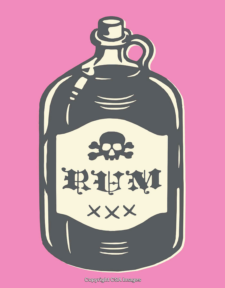 Illustrated Skull and Crossbones Rum Bottle on Vibrant Pink Background