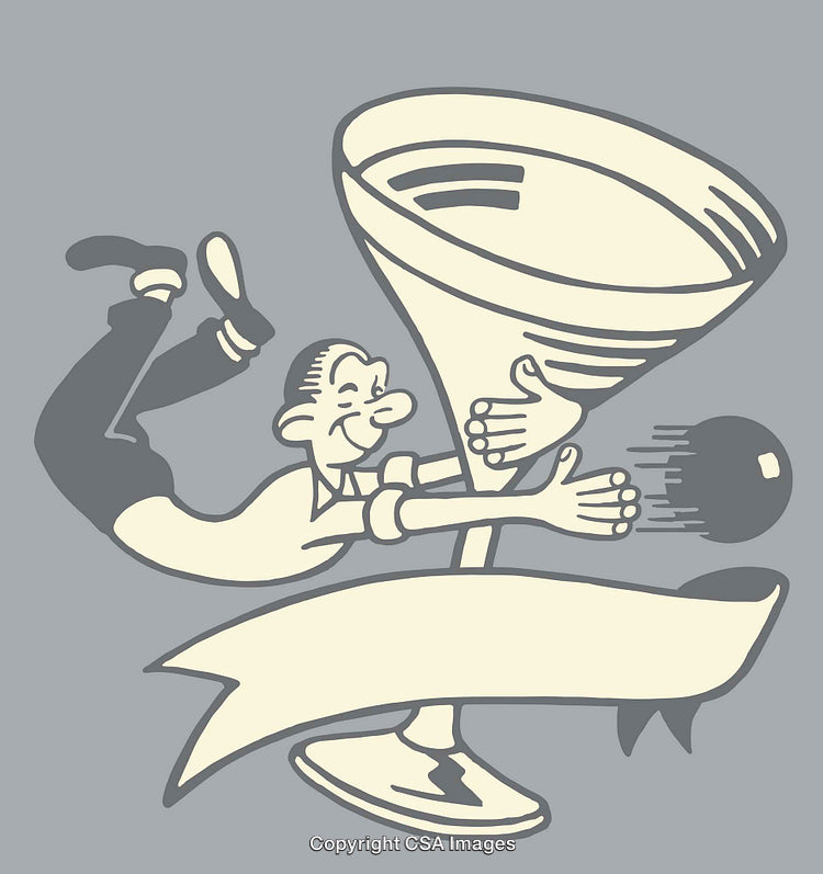 Vintage Cartoon of Man Hugging Oversized Glass with Banner Design