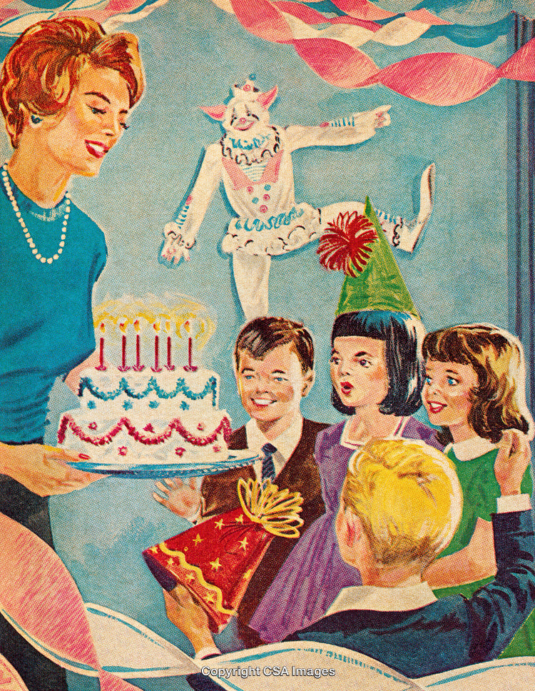 Vintage Illustration of a Birthday Celebration with a Decorated Cake and Party Hats