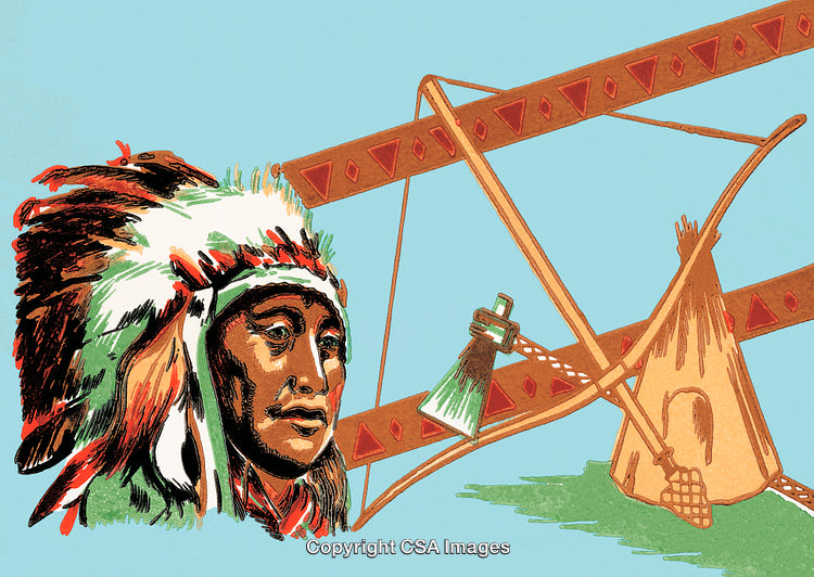 Illustration of Native American Headdress and Cultural Artifacts on a Blue Background