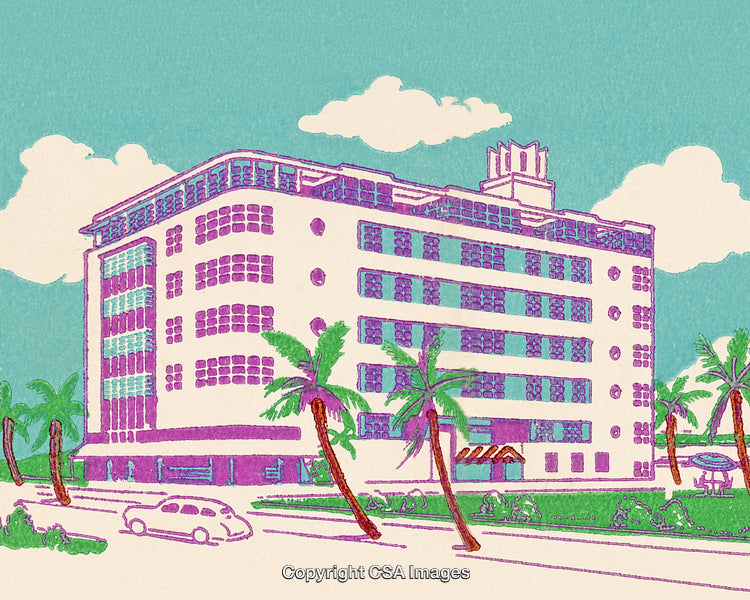 Artistic Illustration of a Colorful Urban Building with Tropical Trees