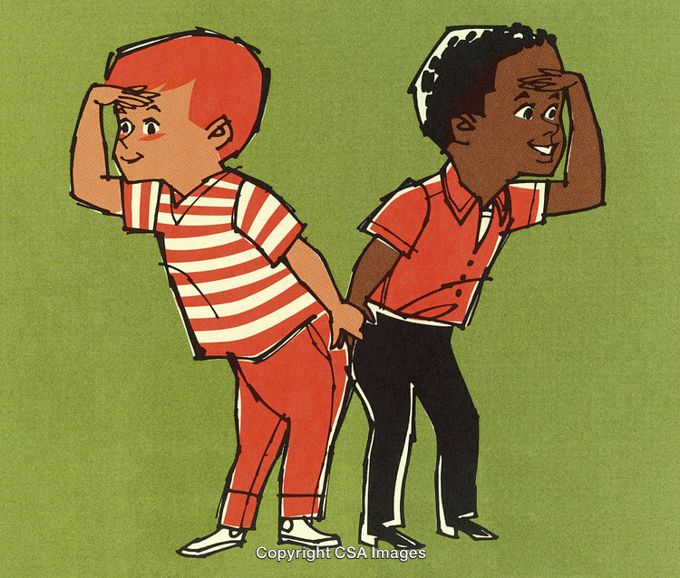 Two Children Looking into the Distance in a Playful Pose