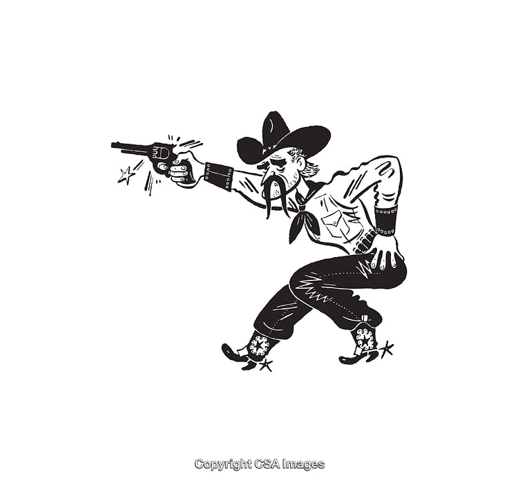 Vintage Cowboy Illustration in Black and White Line Art Style