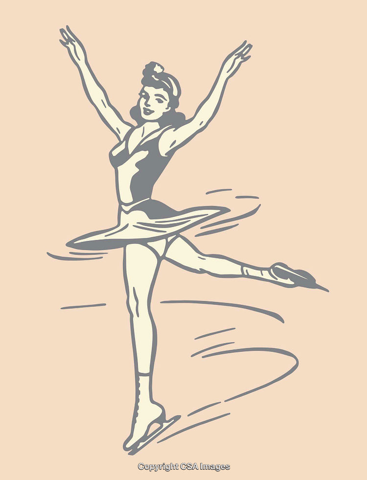 Vintage Line Art of an Elegant Figure Skater Twirling Gracefully