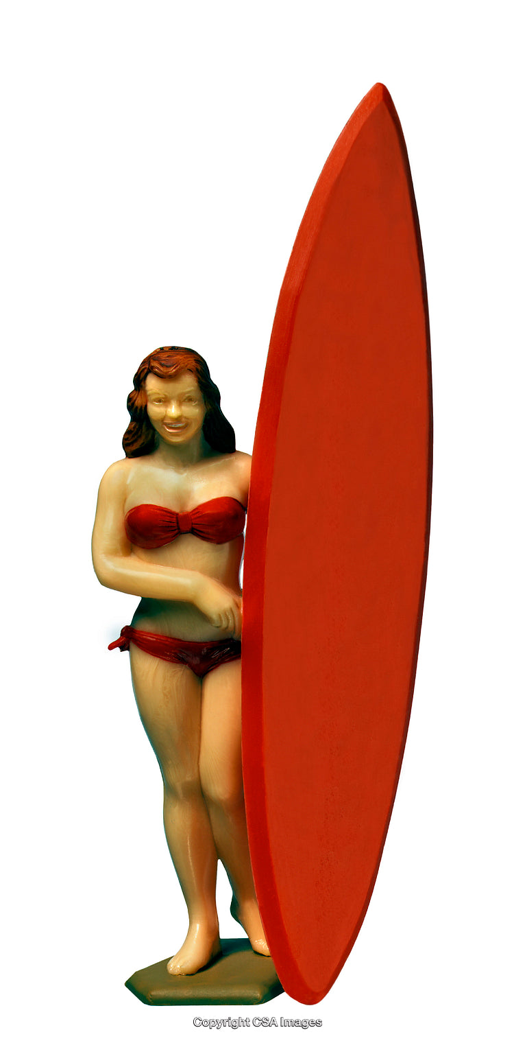 Retro Figurine of Woman with Surfboard Isolated on White Background