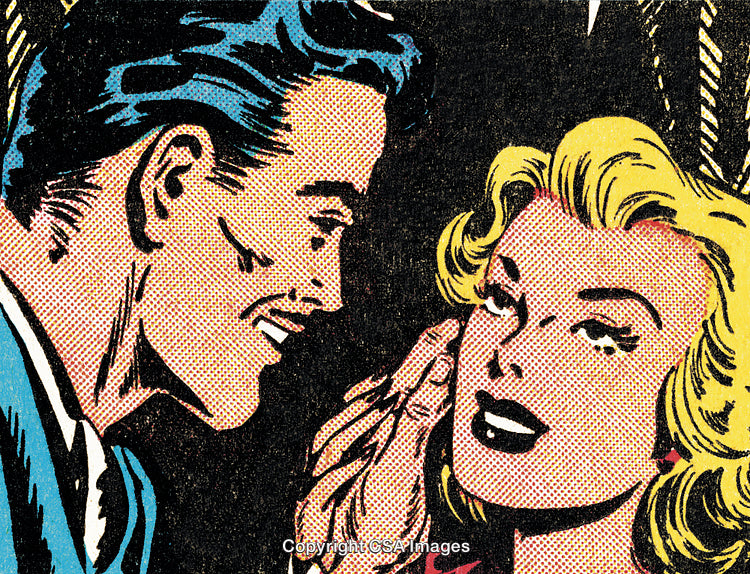 Vibrant Comic Style Scene Depicting Expressive Characters in Close Interaction