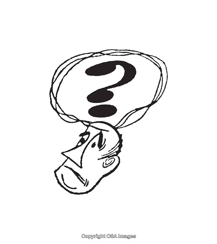 Black and White Illustration of Thoughtful Man with Question Mark