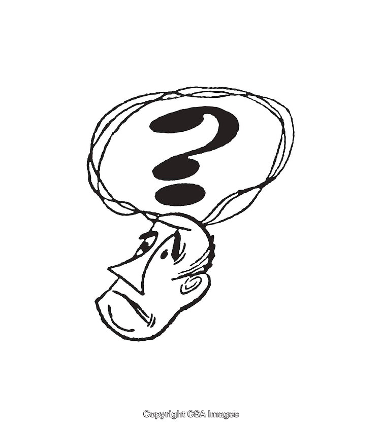 Black and White Illustration of Thoughtful Man with Question Mark