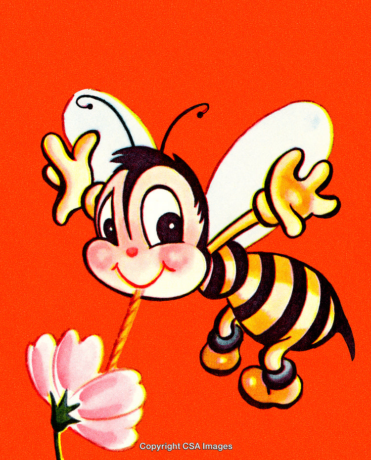 Bright Illustration of a Cheerful Bee Pollinating a Pink Flower