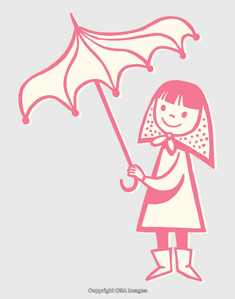 Whimsical Pink and White Illustration of Girl With Umbrella