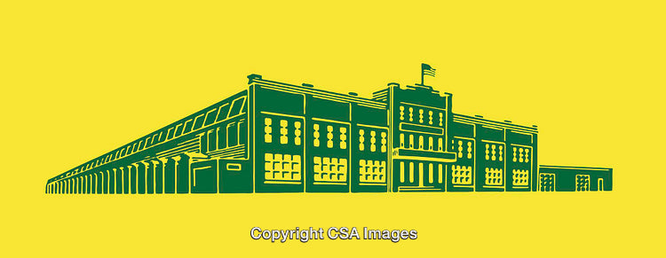 Colorful Line Art Illustration of a Large Historic Building with Yellow Background