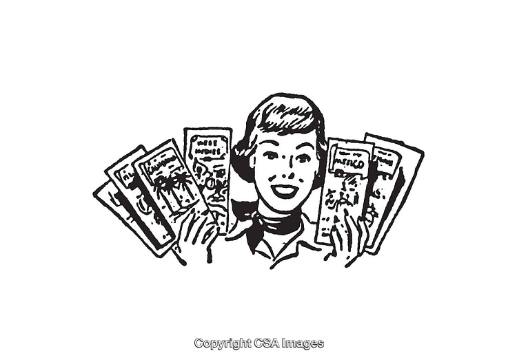 Retro Illustration of Woman with Varied Pamphlets in Black and White