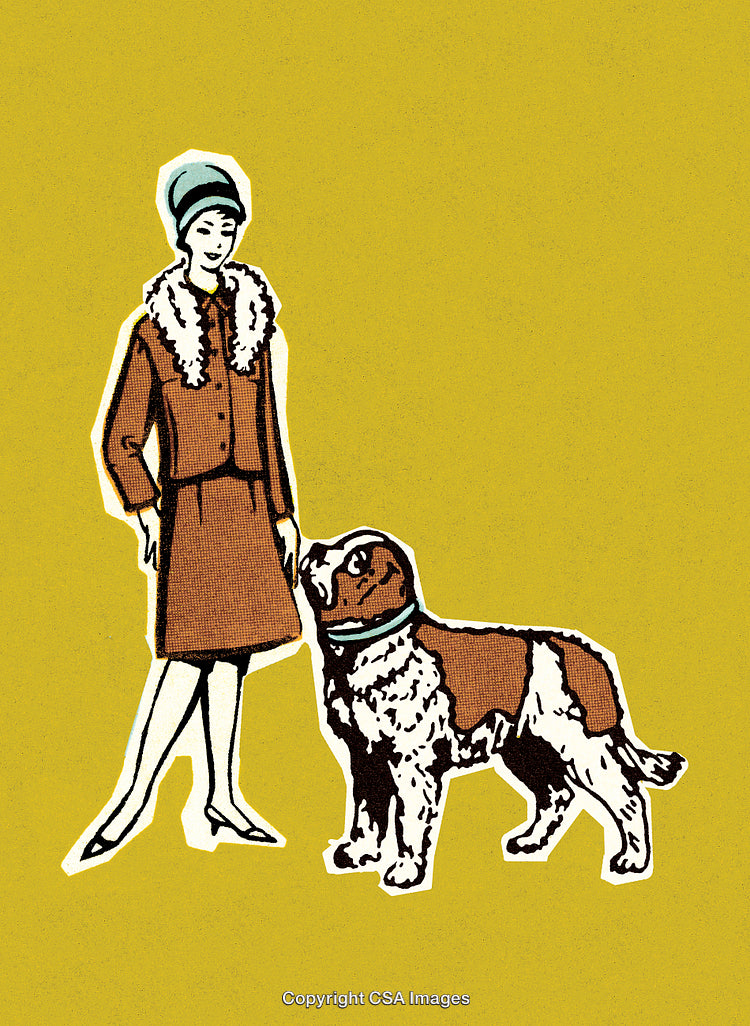 Stylish Woman With St. Bernard Dog on Bold Yellow Background