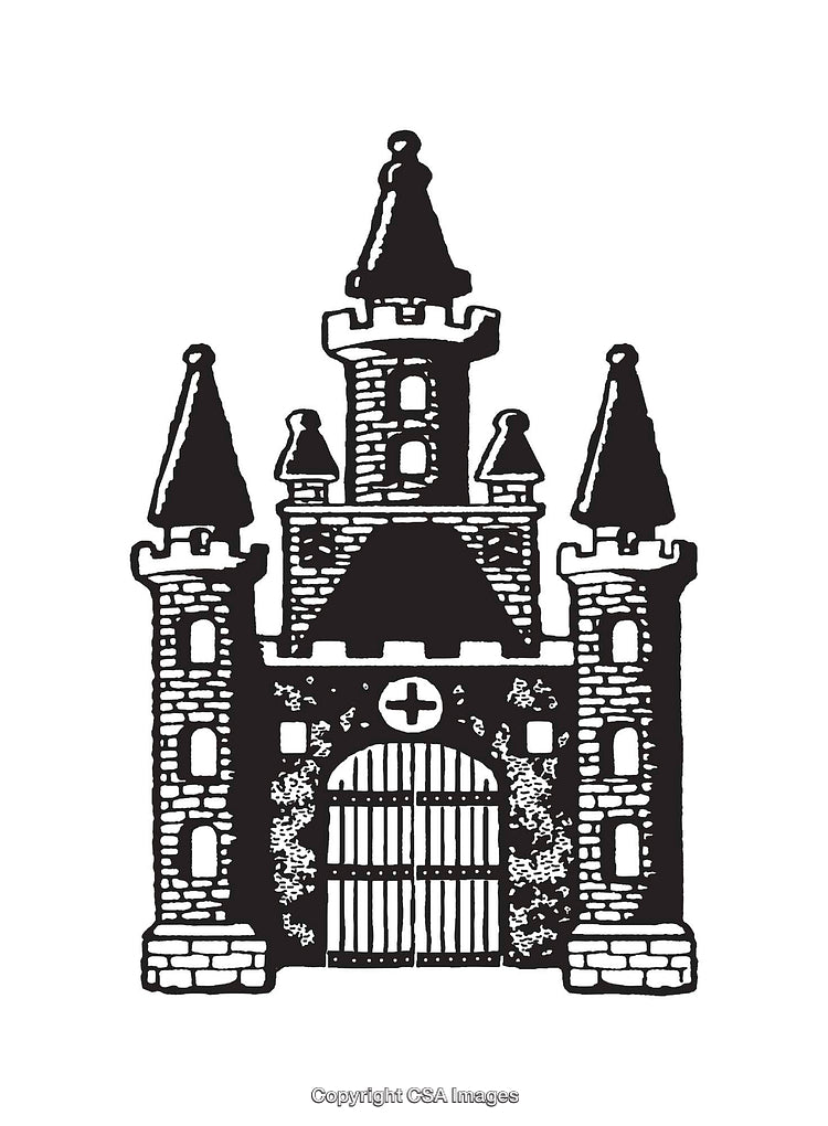 Black and White Line Art of a Medieval Castle with Towers