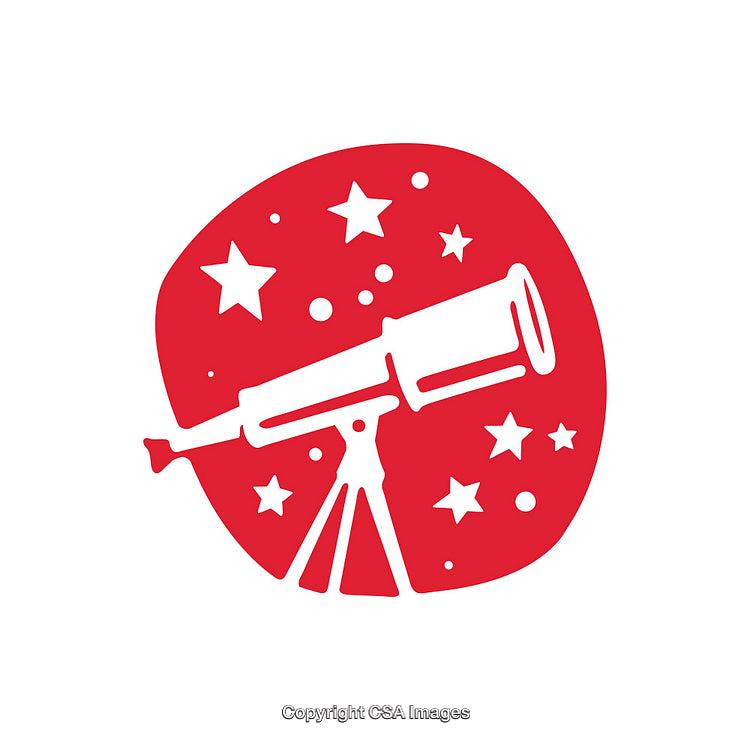 Red Telescope Icon with Stars and Planetary Elements in the Background