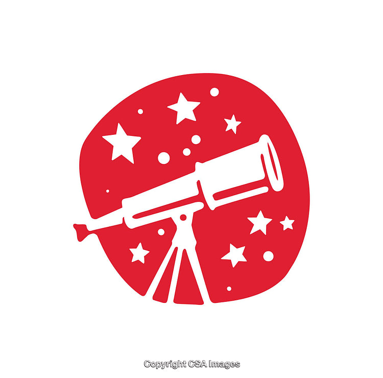 Red Telescope Icon with Stars and Planetary Elements in the Background