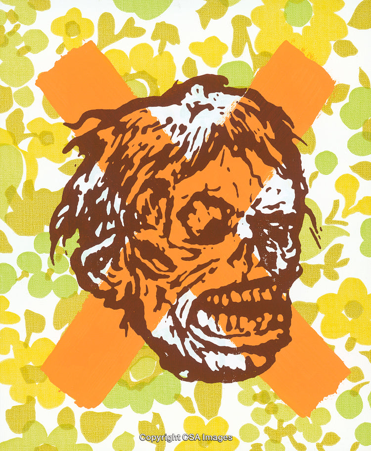 Vivid Retro Art of Grimacing Skeleton Over Floral Yellow Background