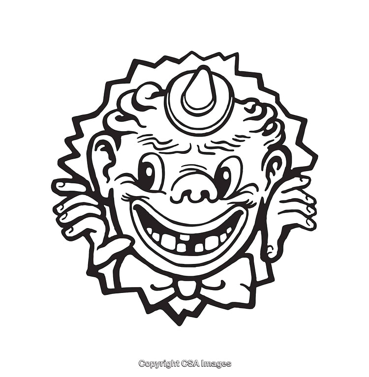 Vintage Black and White Clown Illustration with Explicit Laughter Face
