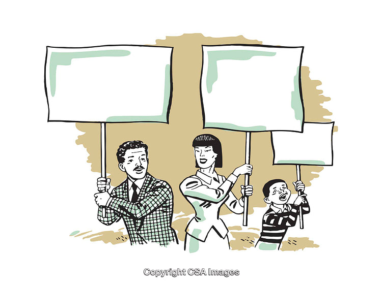Retro Illustration of a Family Demonstrating With Posters