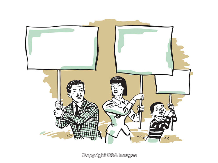 Retro Illustration of a Family Demonstrating With Posters
